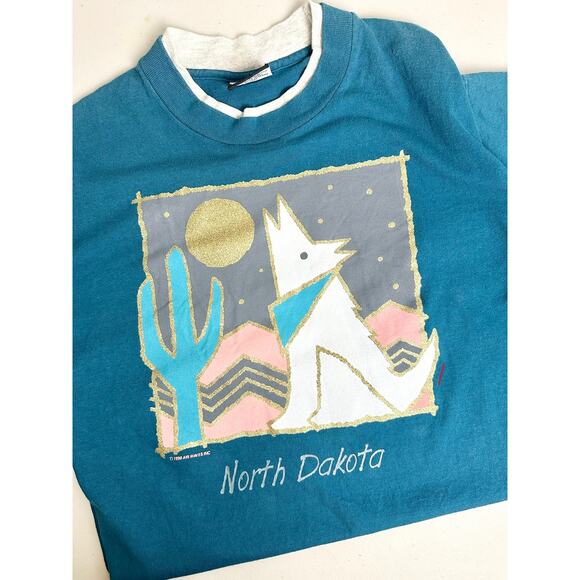 Vintage 90s North Dakota Wolf Cactus Moon Graphic Tee T Shirt Crewneck Top L - Picture 11 of 14